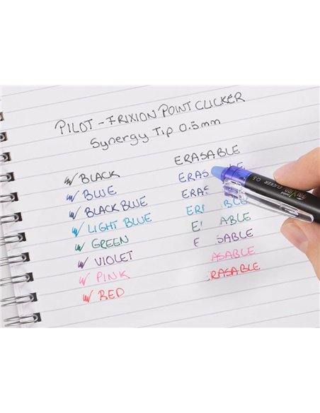 Roller pilot frixion point clicker 05 encre gel thermosensible effacable rechargeable bleu.