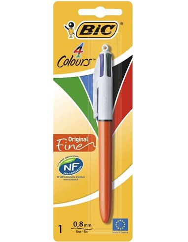 Stylo bille rétractable Bic 4 couleurs Original Fine - Pointe fine 0,8 mm - Encre à l'huile - Corps rouge/blanc - 4 couleurs