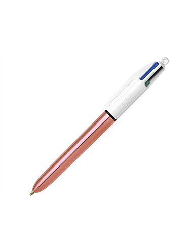 Stylo-bille bic 4 couleurs shine retractable rechargeable pointe moyenne 1mm corps blanc/or rose.