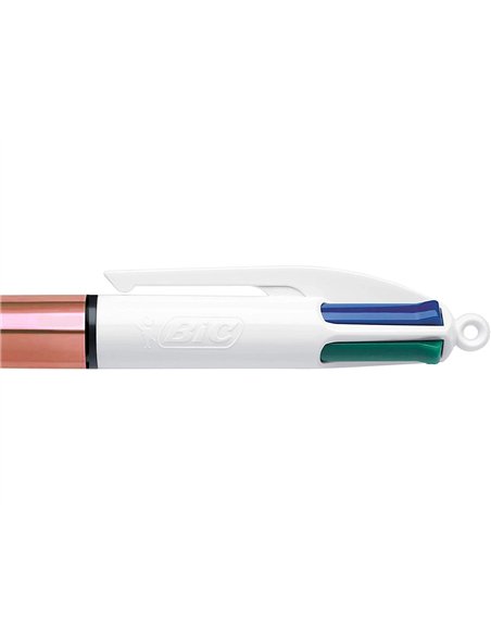 Stylo-bille bic 4 couleurs shine retractable rechargeable pointe moyenne 1mm corps blanc/or rose.