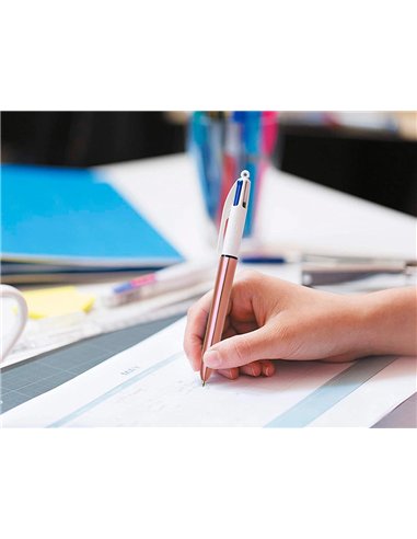 Stylo-bille bic 4 couleurs shine retractable rechargeable pointe moyenne 1mm corps blanc/or rose.
