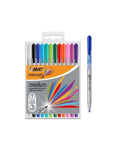 Feutre d'ecriture bic intensity pointe medium pack semi durable de 12 unites coloris assortis.