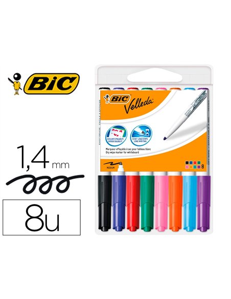 Marqueur bic velleda 1741 effaçable pointe ogive tracé 2mm encre cétone format stylo grande longévité pochette 8 unités.