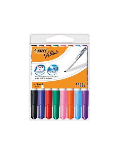 Marqueur bic velleda 1741 effaçable pointe ogive tracé 2mm encre cétone format stylo grande longévité pochette 8 unités.