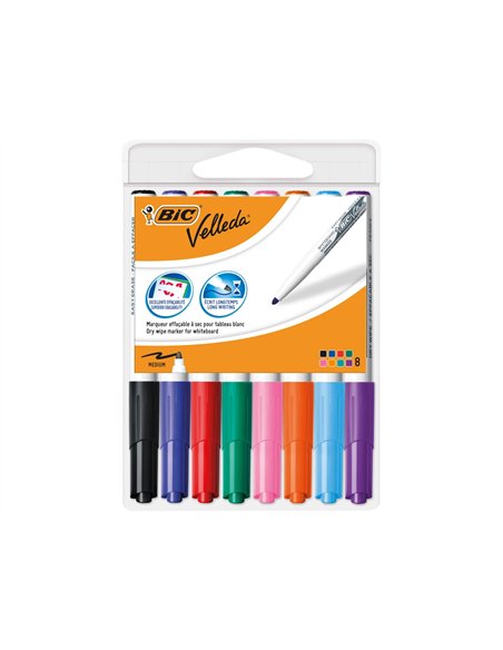 Marqueur bic velleda 1741 effaçable pointe ogive tracé 2mm encre cétone format stylo grande longévité pochette 8 unités.