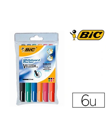 Marqueur bic velleda 1741 effaçable pointe ogive tracé 2mm encre cétone format stylo grande longévité pochette 6 unités.