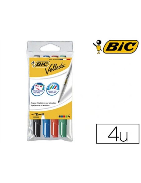 Marqueur bic velleda 1741 effaçable pointe ogive tracé 2mm encre cétone format stylo grande longévité pochette 4 unités.