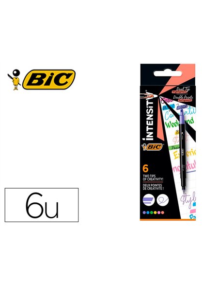 Stylo feutre intensity dual tip pointe biseaute et fine 0,4mm boite de 6 coloris assortis.