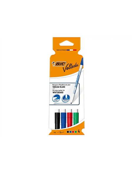 Marqueur bic velleda 1721 effaçable pointe ogive 1mm encre alcool sans odeur corps plastique pochette 4 unités.