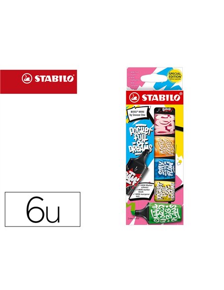 Surligneur mini stabilo boss x 6 mini by snooze one pointe biseautee 2 largeurs 2 et 5mm.
