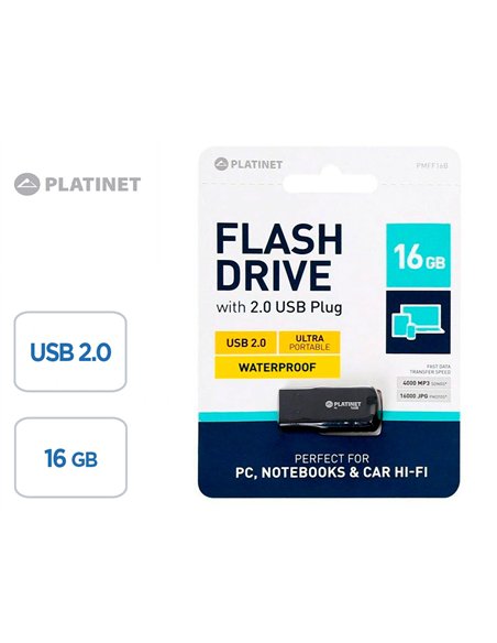 Cle usb platinet 2 f-depo waterproof 16go attachable porte-cles noir.