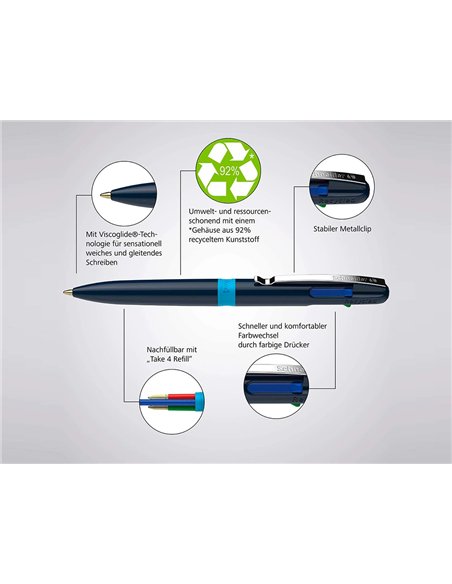 Stylo-bille 4 couleurs schneider take 4 medium viscoglide rechargeable clip metal corps plastique recycle.
