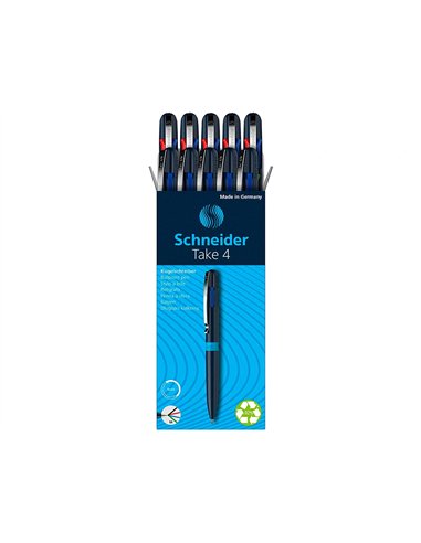 Stylo-bille 4 couleurs schneider take 4 medium viscoglide rechargeable clip metal corps plastique recycle.