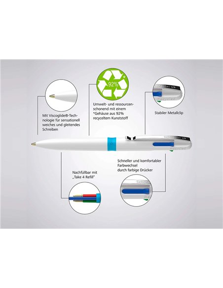 Stylo-bille 4 couleurs schneider take 4 medium viscoglide rechargeable clip metal corps plastique recycle.