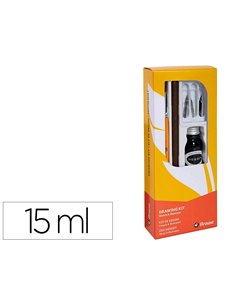 Coffret plumes-dessin brause compos de 1 plume en bois 3 plumes 1 pinceau 1 flacon d'encre noire 15ml.