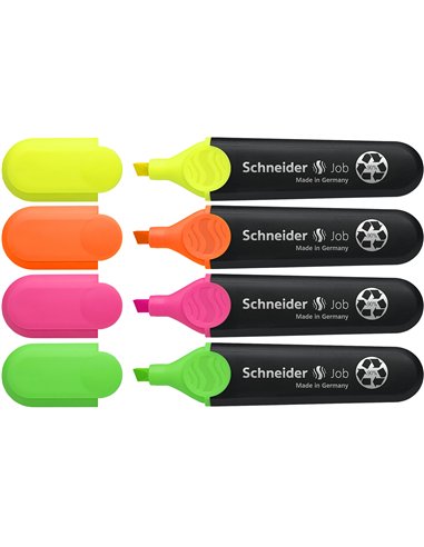 Surligneur schneider job pointe biseautée rechargeable avec maxx 660 refill station pochette 4 coloris assortis.