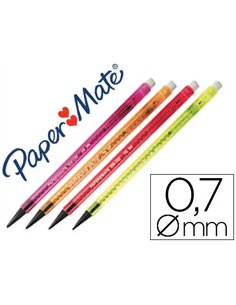 Porte-mine paper mate non stop néon 0.7mm corps plastique agrafe gomme avance mine rotation 3 mines hb coloris assortis.