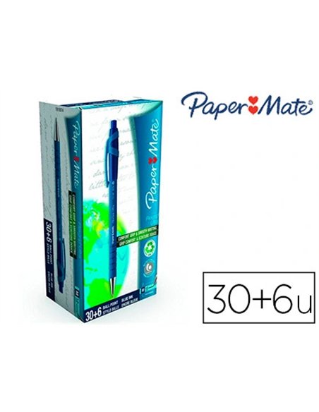 Stylo-bille paper mate flexigrip élite écriture large 0.7mm encre douce corps caoutchouté ant-glisse bleu pack 30u+6.