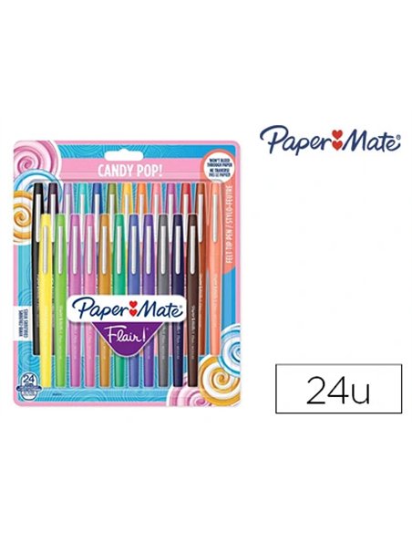 Stylo-feutre paper mate flair original pointe moyenne 1mm longue durée de vie pochette 24 coloris assortis candy pop.