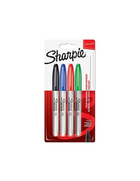 Marqueur permanent sharpie pointe fine 0,9mm encres assorties standard blister 4 couleurs.