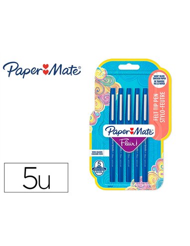 Feutre ecriture paper mate flair original pointe moyenne 0,7mm encres bleu blister 5 couleurs.