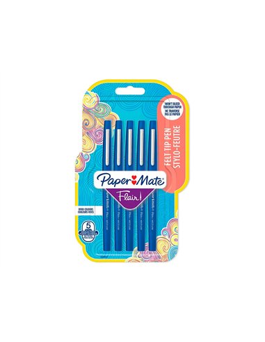 Feutre ecriture paper mate flair original pointe moyenne 0,7mm encres bleu blister 5 couleurs.
