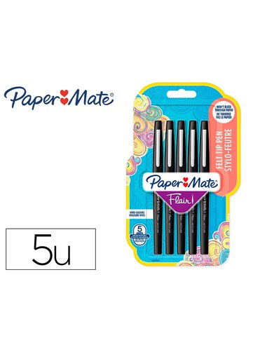 Feutre ecriture paper mate flair original pointe moyenne 0,7mm encres noir blister 5 couleurs.