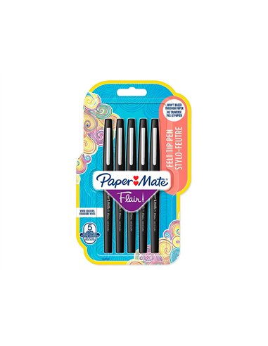 Feutre ecriture paper mate flair original pointe moyenne 0,7mm encres noir blister 5 couleurs.