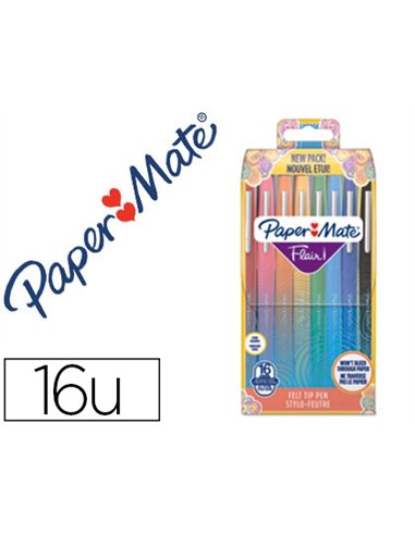 Stylo-feutre paper mate flair tropical pointe moyenne 1mm longue durée de vie pochette 16 coloris assortis.