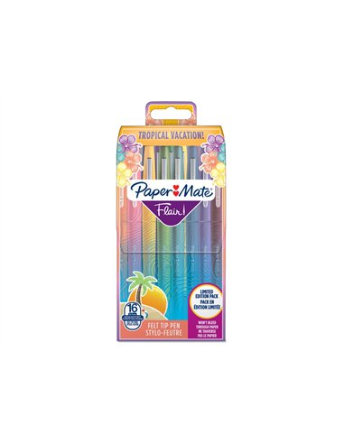 Stylo-feutre paper mate flair tropical pointe moyenne 1mm longue durée de vie pochette 16 coloris assortis.