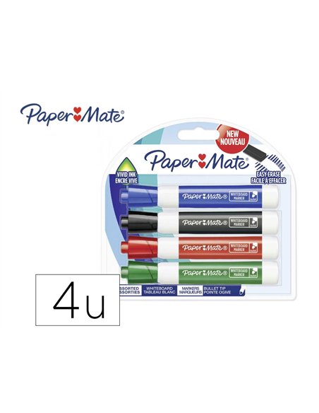 Marqueur paper mate effacable tableau blanc pointe ogive coloris assortis standard blister 4 unites.