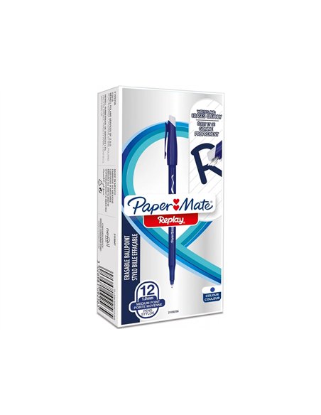 Stylo-bille paper mate replay colors gommmable pointe moyenne 1,0mm trace 0,8mm coloris bleu.