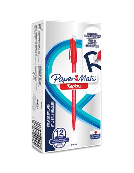 Stylo-bille paper mate replay colors gommmable pointe moyenne 1,0mm trace 0,8mm coloris rouige.