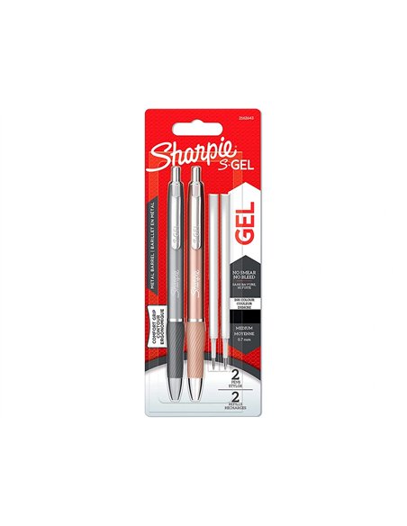 Stylo gel sharpie corps metal encre noir pointe moyenne 0,7mm blister 2 stylos et 2 recharges.