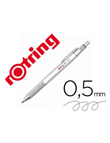 Portemine rotring 600 mecanisme 3 en 1 mine 0,5 mm et stylo-bille grip coloris argent.