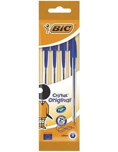 Lot de 4 stylos à bille Bic Cristal Original - Pointe ronde 1,0 mm - Trait 0,4 mm - Encre à base d'huile - Bleu