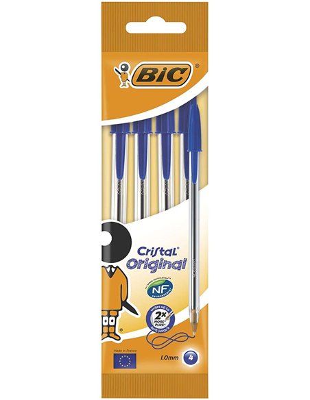 Lot de 4 stylos à bille Bic Cristal Original - Pointe ronde 1,0 mm - Trait 0,4 mm - Encre à base d'huile - Bleu