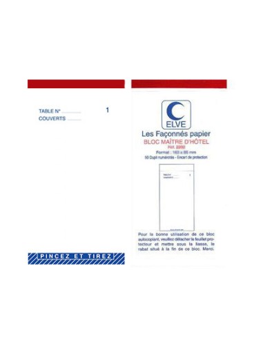 Bloc maître d'hôtel elve papier autocopiant numéroté 1/50 85x150mm 50 duplis bleu rouge