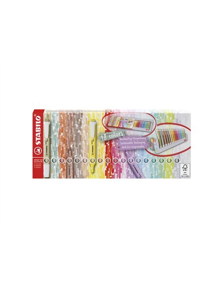 Surligneur stabilo swing cool naturecolors pointe biseautee largeur trace 1/4mm coloris assortis pack chevalet 18 uni.