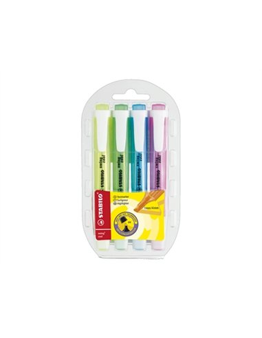 Surligneur stabilo swing cool modèle de poche avec agrafe tracé 1/3mm encre liquide pigmentée visible pochette 4 unités.