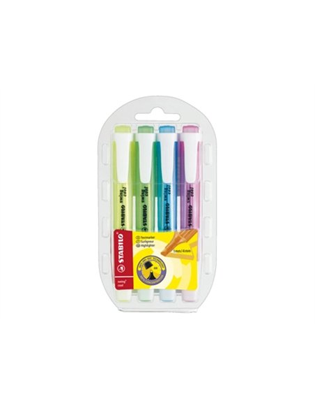 Surligneur stabilo swing cool modèle de poche avec agrafe tracé 1/3mm encre liquide pigmentée visible pochette 4 unités.
