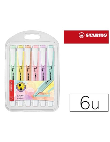 Surligneur stabilo swing cool pastel modèle de poche avec agrafe tracé 1/4mm pochette 6 coloris assortis.