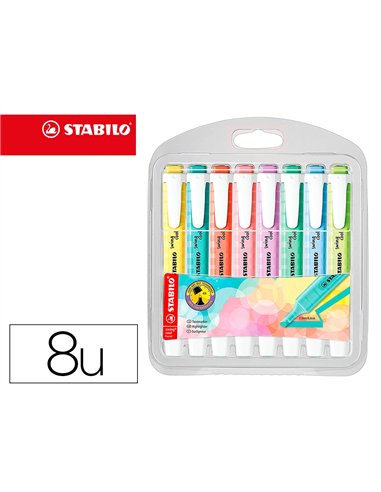 Surligneur stabilo swing cool pastel edition format stylo pointe biseautee trace 1/4mm pochette 8 unites.
