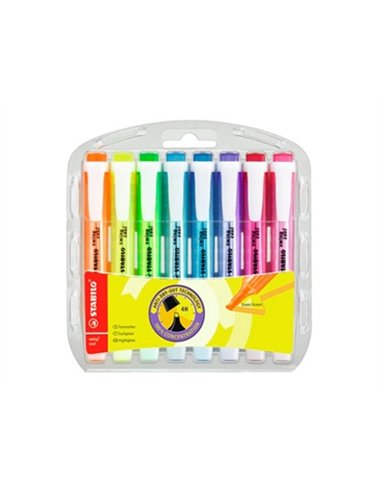 Surligneur stabilo swing cool modèle de poche avec agrafe tracé 1/3mm encre liquide pigmentée visible pochette 8 unités.