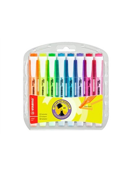 Surligneur stabilo swing cool modèle de poche avec agrafe tracé 1/3mm encre liquide pigmentée visible pochette 8 unités.
