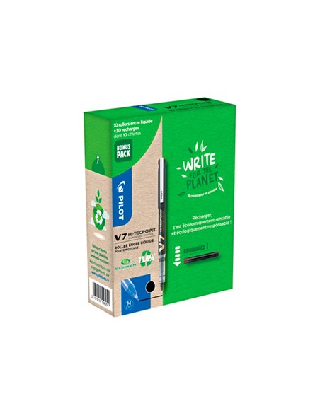 Greenball roller encre liquide 10 stylos + 10 recharges pointe moyenne noir.