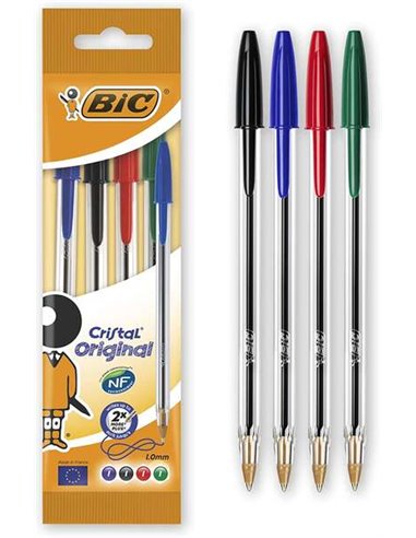 Lot de 4 stylos à bille Bic Cristal Original - Pointe ronde 1,0 mm - Trait 0,4 mm - Encre à l'huile - Couleurs assorties