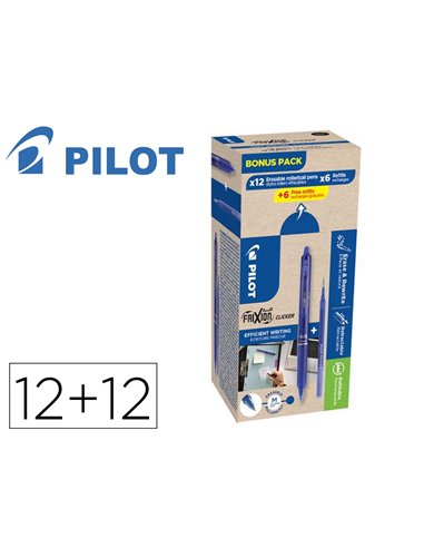 Stylo pilot frixion ball clicker retractable pointe 0,7mm bonus pack 12 rollers + 12 recharges coloris bleu.