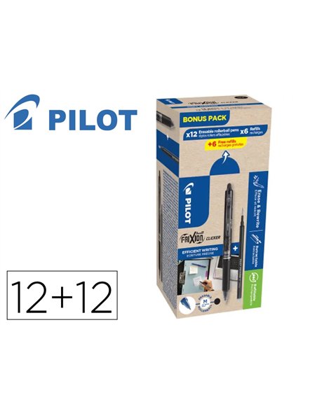 Stylo pilot frixion ball clicker retractable pointe 0,7mm bonus pack 12 rollers + 12 recharges coloris noir.