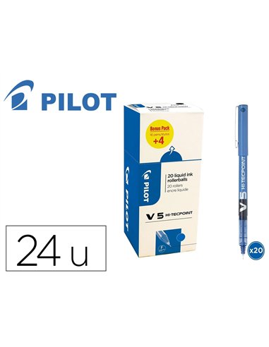 Pack roller pilot v5 pointe aiguille 0.5 mm avec regulateur d encre 16 + 4 offerts coloris bleu.